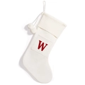 Cream knit Christmas stocking with red embroidered letter W and fluffy white pom-poms - White Letter W