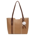 Light khaki large capacity tote bag with dark brown straps and white pom-pom charm - Khaki