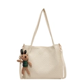 Cream woven large tote bag with cute bunny pendant and shoulder strap on white background - Beige (With Charm)