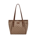 Grande borsa tote marrone con motivo a scacchi, monogramma e manici in pelle - Cachi