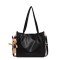 Large black tote bag with woven texture, crossbody strap and plush bunny charm - Black (with Pendant)