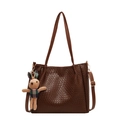 Dark brown woven tote bag with adjustable strap and a cute plush rabbit pendant - Brown (With Charm)