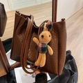 Dark coffee woven tote bag with adjustable straps and cute plush bunny pendant - Black (Without Charm)