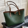 Dark green woven tote bag with brown straps and golden logo, large capacity handbag - Green