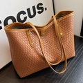 Caramel brown woven tote bag with slim shoulder straps and checkerboard pattern design - Brown