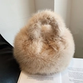 Fuzzy beige faux fur handbag in light camel color with plush round shape for winter - Khaki