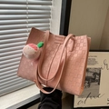 Pink checkered tote bag with 3D embossed texture and cute peach plush charm - Pink