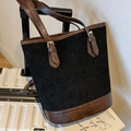 Bolso tipo cubo retro de pana negra con correas de piel sintética marrón para invierno - Negro