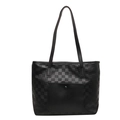 Large black and dark grey checkered tote bag with a front leather pocket and slim straps - Black