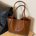 Vintage caramel brown leather tote bag with long shoulder strap in a minimalist design - Brown