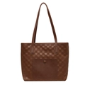 Brown woven checkered tote bag with a front leather pocket and snap button closure - Brown