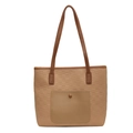 Khaki large capacity tote bag with brown handles and embossed checkerboard pattern - Khaki