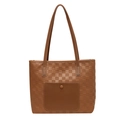 Brown checkered tote bag in PU leather with front pocket and snap button closure - Brown