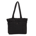 Large black quilted nylon tote bag for women with silver metal button and shoulder strap - Black