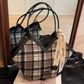 Large capacity vintage plaid tote bag with black leather handles and woven texture - Black