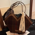 Brown vintage plaid tote bag with faux leather trim and decorative lettered strap - Coffee