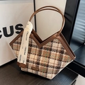 Brown and green plaid tote bag with faux leather handles and decorative ribbon detail - Brown