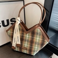 Large green and brown plaid tote bag with V-shaped leather trim and decorative ribbon - Green