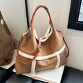 Large capacity dark brown suede tote bag with white faux shearling trim and shoulder strap - Brown