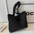 Large black quilted nylon tote bag with rhombic stitching and minimalist modern design - No Pendant / Black