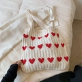 Bolso tote de punto crema con corazones rojos, bolso de hombro de algodón suave - Blanco