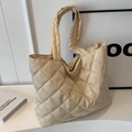 Beige quilted nylon tote bag with diamond pattern and soft padded design for daily commute - No Pendant / Beige