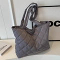 Quilted dark grey nylon tote bag with rhombus pattern and spacious commuter design - No Pendant / Gray