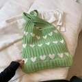 Bolso tote de punto verde con diseño de corazón blanco en hilo de algodón suave mujer - Verde