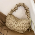 Quilted puff shoulder bag in beige nylon with dumpling shape and ruched handle - Army Green