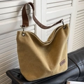 Ginger yellow canvas tote bag with dark brown leather strap and fashion label detail - Khaki