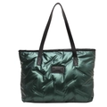 Deep green metallic quilted puffer tote bag with glossy finish and black handles - Green