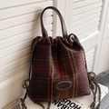 Vintage Karomuster Woll-Eimertasche mit Ledergriff und Kettenriemen für Damen - Rot