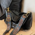 Retro black leather pleated dumpling bag with geometric ethnic pattern wide strap - Black