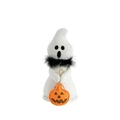 Fantôme en tricot blanc avec écharpe en plumes noires et petit panier citrouille - Style Écharpe en Plumes Noire (ML-O1070B)