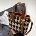 Retro bucket bag met ruitpatroon in zwart en beige met bruine leren riemen - Zonder Hanger / Bruine Ruit