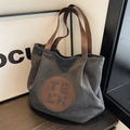 Borsa tote in tela grigio scuro con manici marroni e logo in pelle per il pendolarismo - Marrone Scuro