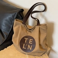 Borsa tote in tela kaki con manici in pelle marrone e logo TELN per il pendolarismo quotidiano - Cachi