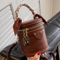 Vintage brown cylindrical bucket bag with leopard print scarf handle and lock pendant - Coffee