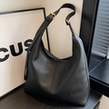 Large black lychee pattern leather Hobo shoulder bag with gold adjustable buckle - Black
