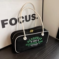 Borsa tote nera opaca retrò con profili bianchi e manici in pelle a contrasto - Nero
