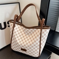 Borsa tote a scacchi bianca con manici in pelle marrone e tracolle regolabili da donna - Bianco Sporco