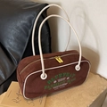 Borsa Boston in pelle scamosciata marrone con spalline bianche e stampa vintage - Marrone