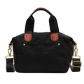 Large black nylon satchel with brown leather accents and gold hardware on white background - Black
