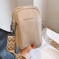 Borsa a tracolla beige per cellulare con ampia tracolla geometrica e doppia zip - Cachi