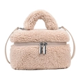 Sac bandoulière en peluche beige avec poignée et fermeture éclair argentée - Kaki