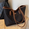 Large black Oxford tote bag with brown leather trim and handles for daily commute - Black and Brown