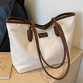 White large capacity Oxford fabric tote bag with brown leather trim and fashion tag - Off-White & Coffee