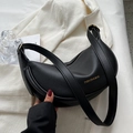 Chic black lychee texture half-moon crossbody bag with gold fashion text and wide strap - No Pendant / Black