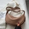 Brown lychee leather crescent saddle bag with adjustable strap and gold buckle hardware - No Pendant / Khaki