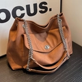 Brown vintage faux leather tote bag with silver chain strap and lychee texture - Red Brown
